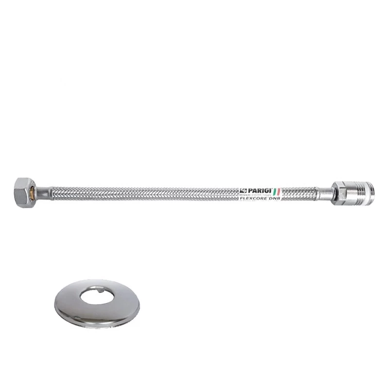 Tubo flessibile trecciato antischiacciamento in acciaio inox AISI 304 DN8 prolungato 1/2"M x 1/2"F